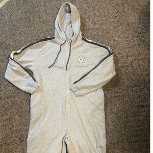 Fabletics Light Gray Hooded Jumpsuit with Stripes